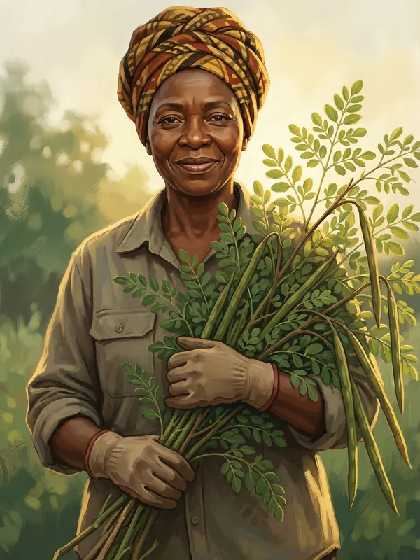 Illustration of a farmer holding moringa branches