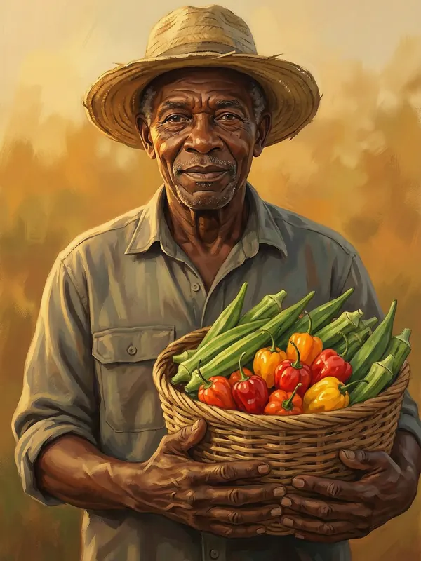 Illustration of a farmer holding okra and peppers