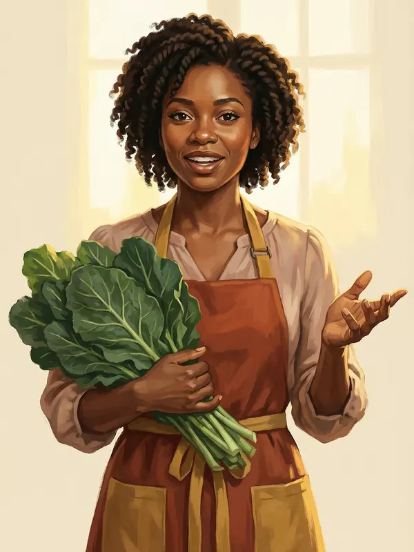 Illustration of a cook holding collard greens