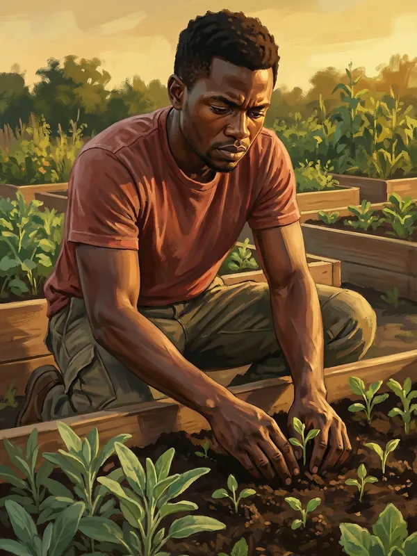 Illustration of a young farmer planting seedlings